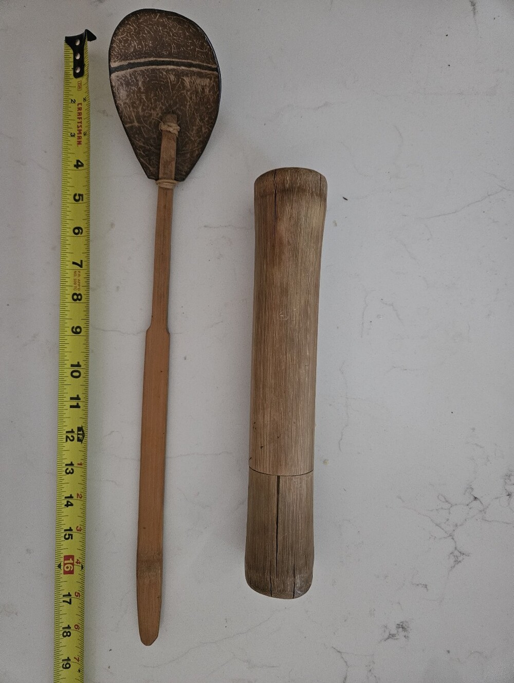 Antique Bamboo Box And Native Ladle, Natural Brown From Phillippines